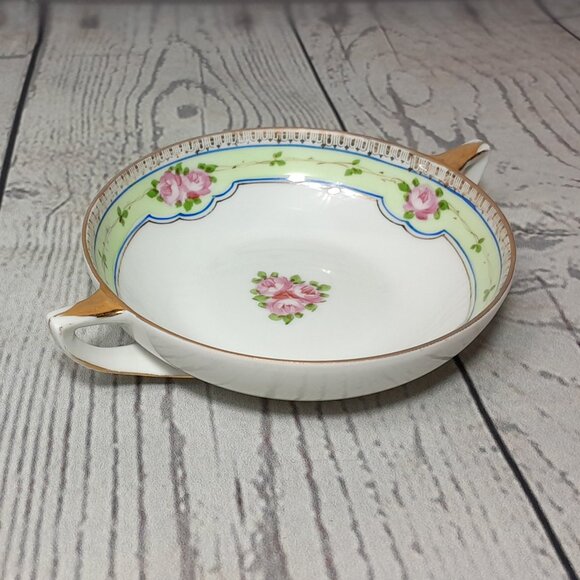 Nippon Bon Bon Bowl Double Handle Hand Painted Porcelain Floral Pink Roses - Picture 6 of 10